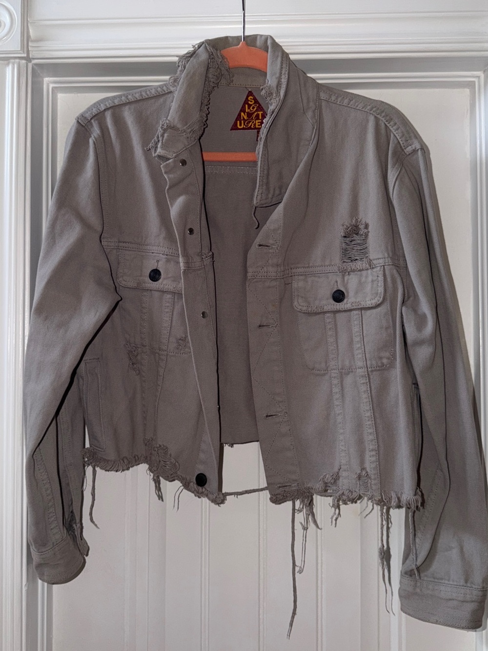 Signature8 Distressed Crop Jean Jacket - Taupe Gray